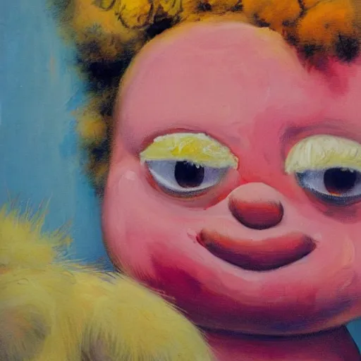 Image similar to impasto painting of a glowing kewpie doll that looks like Big Bird, painted in the style of Watteau with sad minion eyes, thick paint, visible brushstrokes, abstract elements