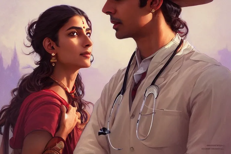 Image similar to Anxious good looking pale young Indian doctors wearing Western clothes at the airport, portrait, elegant, intricate, digital painting, artstation, concept art, smooth, sharp focus, illustration, art by artgerm and greg rutkowski and alphonse mucha