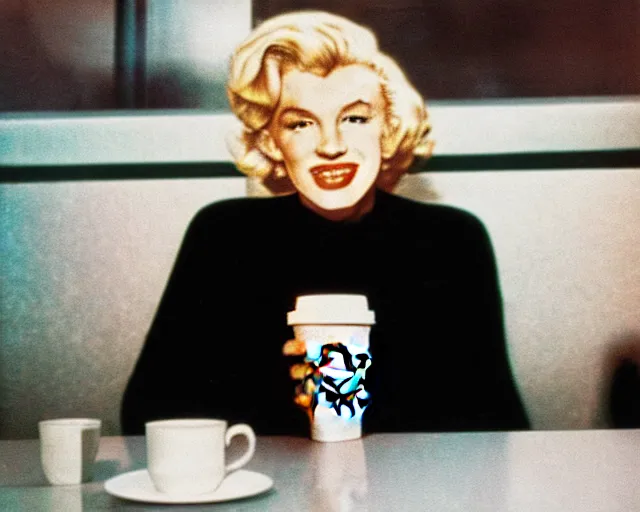 Image similar to A close-up, color cinema film still of a marlin monroe drinking coffee at a starbucks, ambient lighting at night.