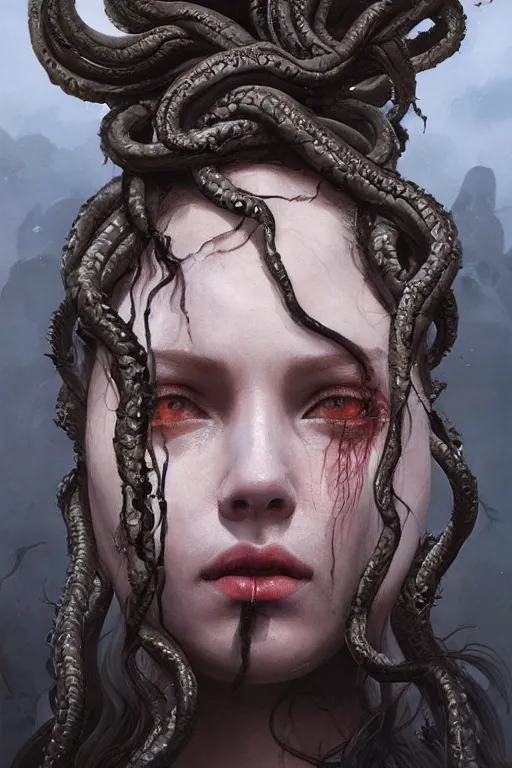 Prompt: A beuatiful portrait a horrific medusa by Greg Rutkowski, Sung Choi, Mitchell Mohrhauser, Maciej Kuciara, Johnson Ting, Maxim Verehin, Peter Konig, Bloodborne , 8k photorealistic, cinematic lighting, HD, high details, dramatic, atmospheric , trending on artstation