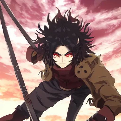 Prompt: handsome guy in demon slayer art, anime style, 4k , detailed, detailed face, high quality, smooth, sharp focus, beautiful scene, detailed background, wind