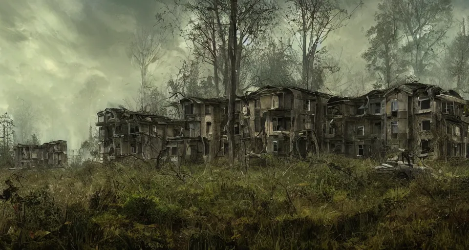 Prompt: Abandoned russian tract housing, overgrown, post apocalyptic, epic lighting, trending on artstation