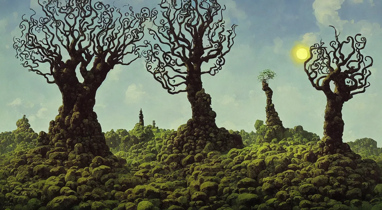 Prompt: single flooded stone tentacle tree tower, very coherent and colorful high contrast!! masterpiece by rene magritte simon stalenhag carl spitzweg syd mead norman rockwell edward hopper james gilleard, minimalist, dark shadows, sunny day, hard lighting