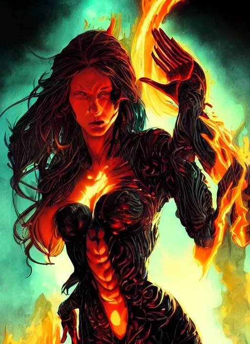 Image similar to a whole body portrait of Sara Pezzini as Witchblade, surrounded by flames and magic lightnings overlays, as illustrated in Top Cow Comics, D&D style, sharp focus, by Greg Rutkowski and Dan Mumford.