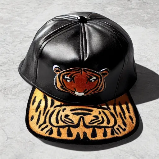 Image similar to leather patch hat tiger detail on, realistic