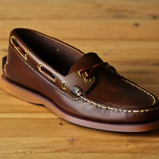 Image similar to sperry brown leather moccasins with extra long toe points, photorealistic