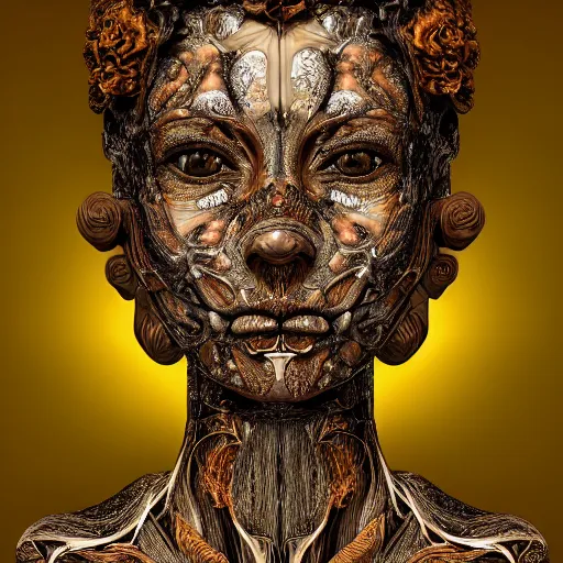 Image similar to beatifull frontal face portrait of a woman, 150 mm, anatomical, flesh, flowers, mandelbrot fractal, facial muscles, veins, arteries, symmetric, intricate, golden ratio, full frame, microscopic, elegant, highly detailed, ornate, ornament, sculpture, elegant , luxury, beautifully lit, ray trace, octane render in the style of peter Gric , alex grey and Romero Ressendi