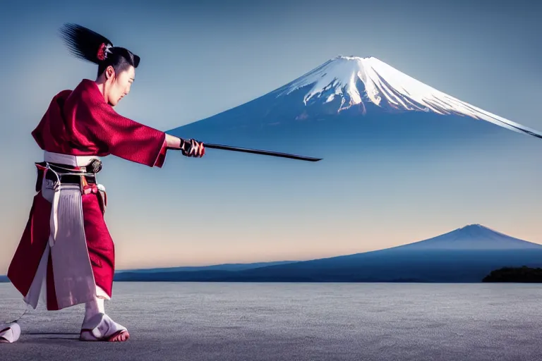 Image similar to beautiful photo of a young modern geisha samurai warrior, mt fuji in the background, mid action swing, shining silver katana sword, award winning photo, muted pastels, action photography, 1 / 1 2 5 shutter speed, dramatic lighting