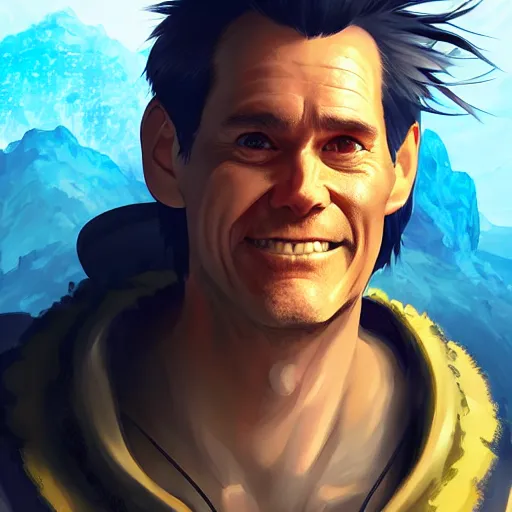 Image similar to portrait of jim carrey the geomancer, anime fantasy illustration by tomoyuki yamasaki, kyoto studio, madhouse, ufotable, square enix, cinematic lighting, trending on artstation