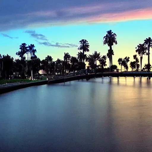 Image similar to blue hour, mostly cloudy sky, palm trees, bridge, curved bridge, dusk, 2 4 0 p footage, 2 0 0 6 youtube video, 2 0 0 6 photograph, home video