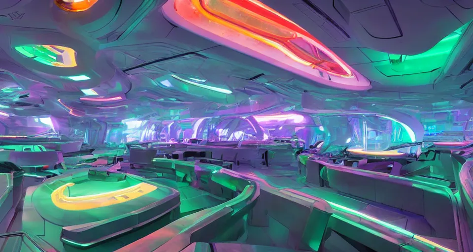 Prompt: a bulbous zaha hadid space-station night club interior with neon lights and signs inspired by a nuclear reactor submarine and maschinen krieger, ilm, beeple, star citizen halo, mass effect, 2001 space odyssey, elysium, iron smelting pits, warm saturated colours, atmospheric perspective, dramatic sunset