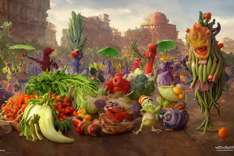 Prompt: vegetable creatures parade on a cutting board in the kitchen, digital art, realistic, pixar style, highly detailed, cinematic, matte painting, vivid colors, realistic, epic lighting, by greg rutkowski and artgerm and alphonse mucha