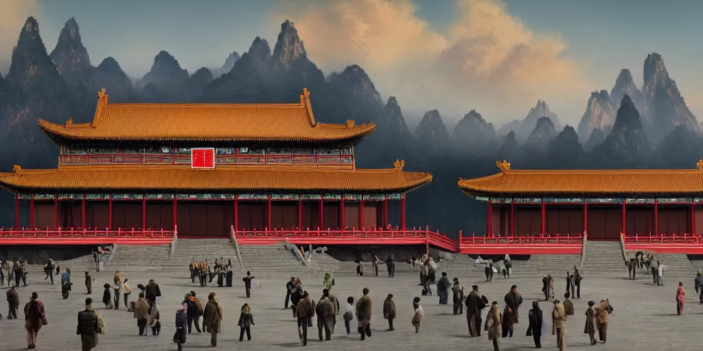 Prompt: a very high resolution image from a new movie, chinese pavilion in front of modern skyscraper, front view, photorealistic, photography, directed by wes anderson and arkhip kuindzhi