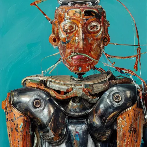 Prompt: high quality high detail painting by lucian freud and jenny saville, hd, samurai robot, turquoise