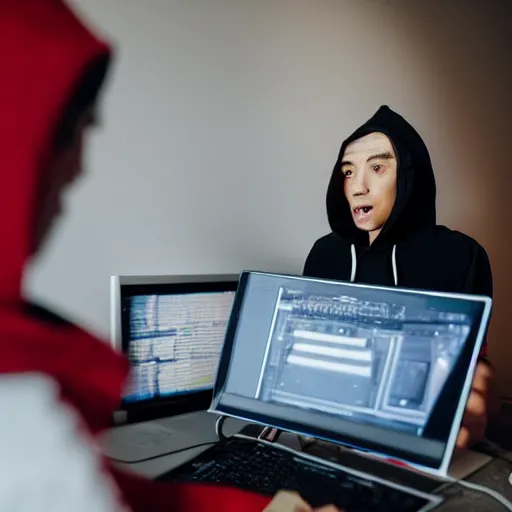 Prompt: a thief in a hoodie sits in front of a computer, dslr 5 0 mm, photography