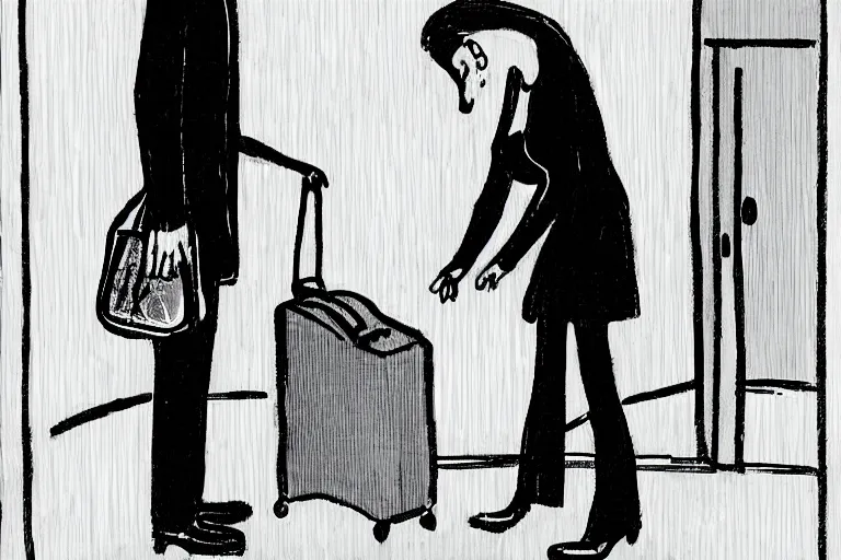 Image similar to tall, security guard checks the bags of a worried looking woman, art, satire