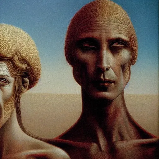 Image similar to masterpiece closeup portrait of Adam and Eve in the style of Zdzislaw Beksinski