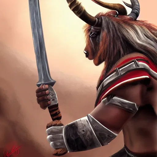 Image similar to A Tauren warrior wielding a two handed sword, digital painting, detailed, realism