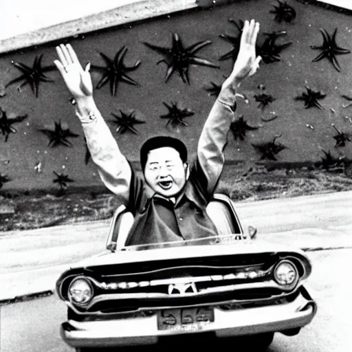 Image similar to 1960s press archive of middle-aged Kim Jong-il coming out of a car and a giant starfish-monster arm crushing the car, underexposed, kaiju-eiga by Ishirō Honda