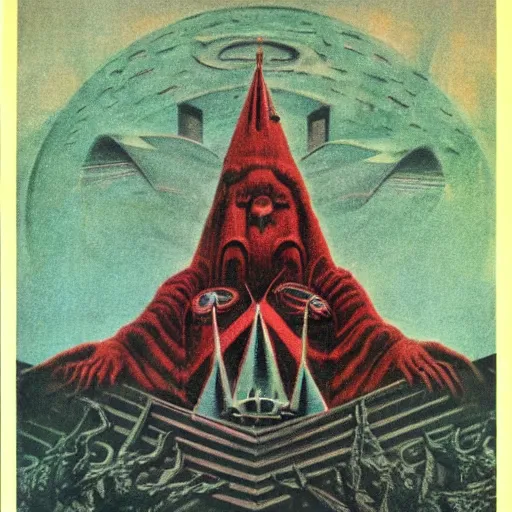 Prompt: soviet propaganda poster of a shrine to moloch in the style of beksinski