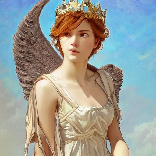 Image similar to Sitting angel girl from TLOU that holding crown in hands, highly detailed, digital painting, artstation, concept art, smooth, sharp focus, illustration, ArtStation, art by artgerm and greg rutkowski and alphonse mucha and J. C. Leyendecker and Edmund Blair Leighton and Katsuhiro Otomo and Geof Darrow and Phil hale and Ashley wood and Ilya repin and Charlie Bowate