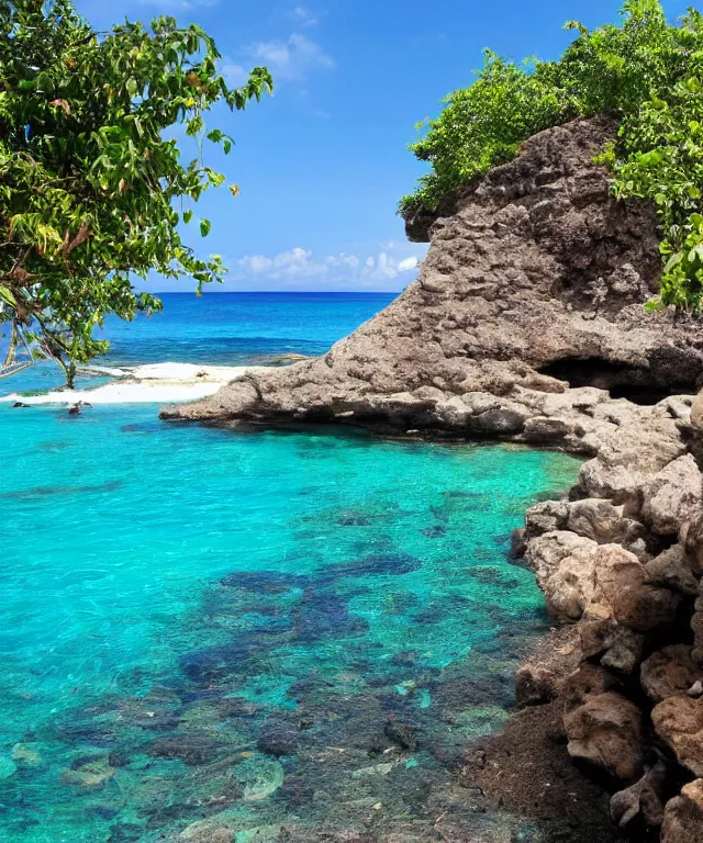 Image similar to turtle bay beach jamaica, sharp cliffs, island with cave