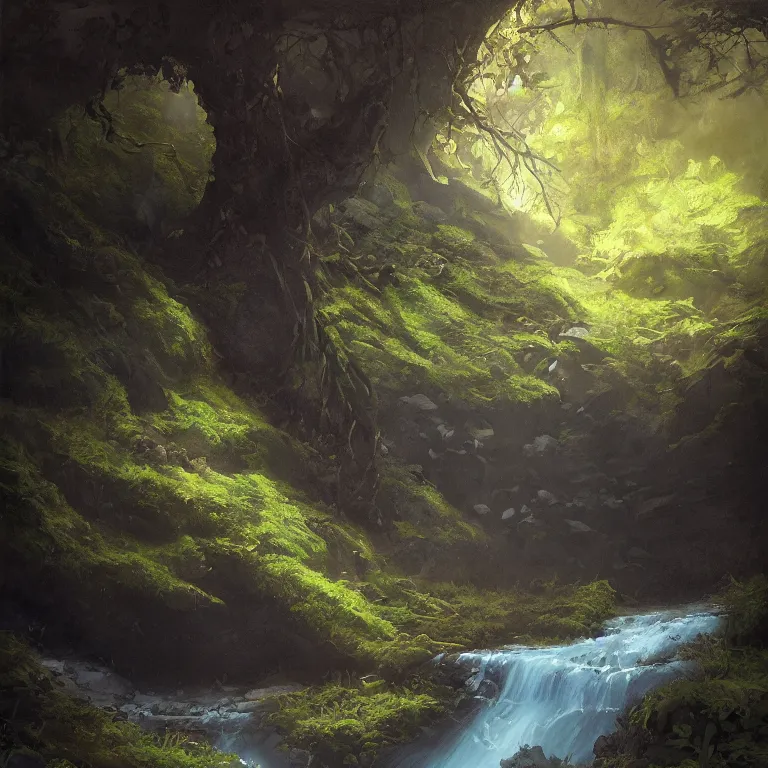 Image similar to A beautiful, highly detailed, very realistic oil painting of a single tree with rainbow leaves, next to a small river, glowing bright blue in the middle of a huge, very dark cave, with lots of dark grey rocks, oil painting by Greg Rutkowski.