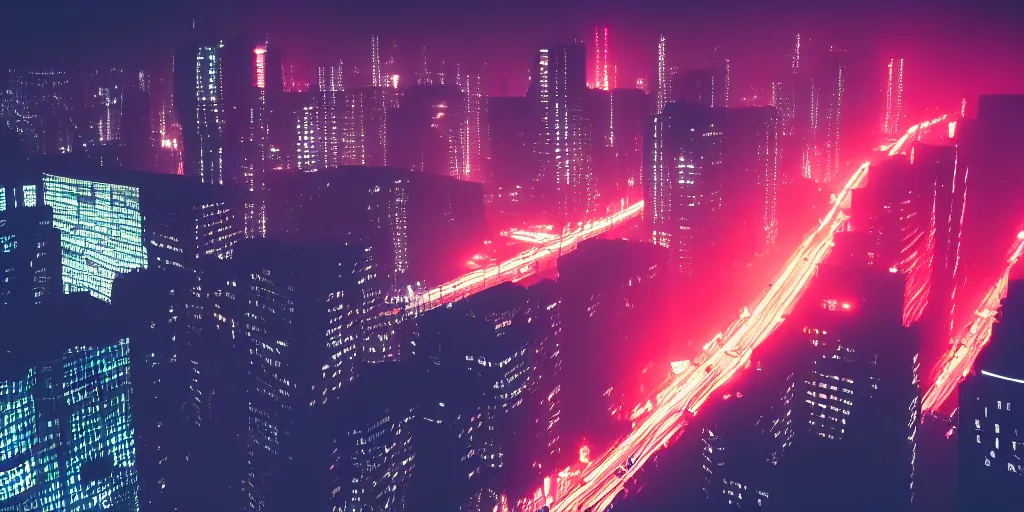 Image similar to megacity streets seen from above, neon signs, giant screens, eerie fog, blade runner, ex machina