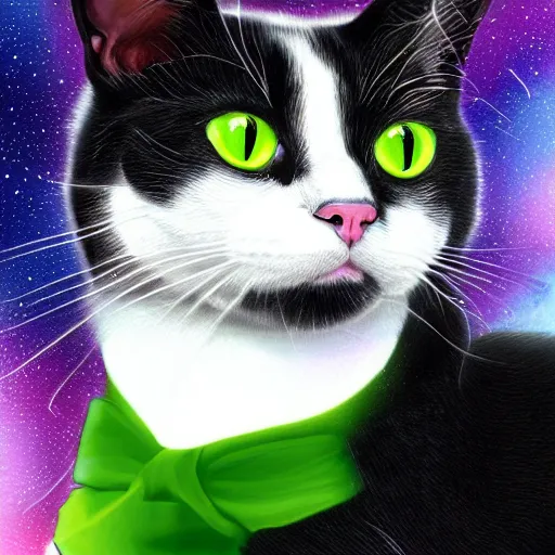 Image similar to a portrait of a beautiful black and white cat in space wearing a tuxedo with colorful bright green eyes, medium shot, hd, 8k, hyper-realism, detailed,