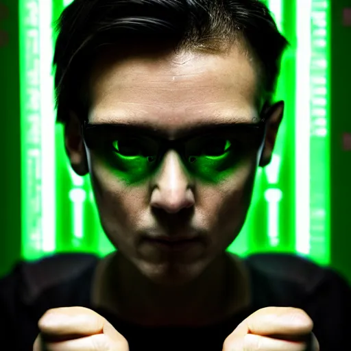 Image similar to A hacker in the style of Matrix, grungy, unkept hair, glowing eyes, modelsociety, radiant skin, huge anime eyes, RTX on, perfect face, directed gaze, intricate, Sony a7R IV, symmetric balance, polarizing filter, Photolab, Lightroom, 4K, Dolby Vision, Photography Award