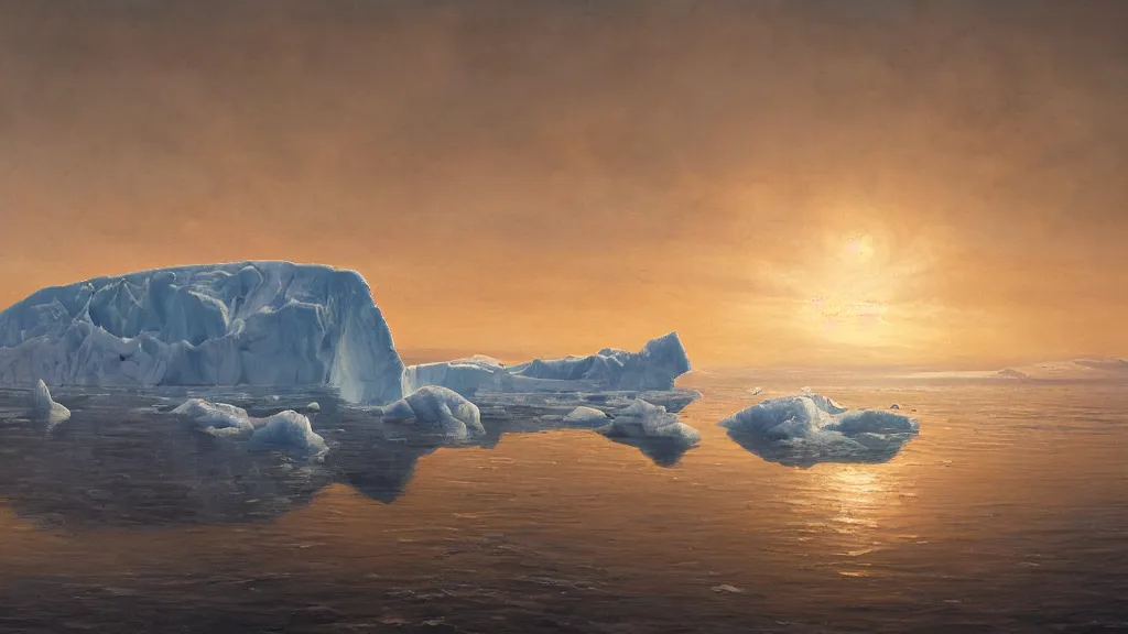 Image similar to the most beautiful panoramic landscape, oil painting, where a giant iceberg is lost in the frozen artic ocean, a giant polar bear is exhaling steam while walking over the iceberg, the frozen artic ocean is reflecting the giant polar bear and the ray lights of the sunrise are brightening him, by greg rutkowski