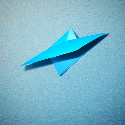 Image similar to icon of paper plane in light blue metallic iridescent material, 3D render isometric perspective on dark background