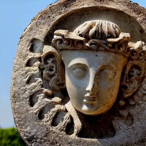 Prompt: winged athena holding a helmet unearthed inside an etruscan villa 1 0 0 bc