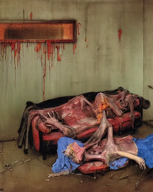 Prompt: old dead couple on couch in a decayed and ruined slaughterhouse room in the style of Francis Bacon and Syd Mead and Norman Rockwell and Beksinski, hanging beef carcasses, slaughterhouse, open ceiling, highly detailed, painted by Francis Bacon and Edward Hopper, painted by James Gilleard, surrealism, airbrush, very coherent, triadic color scheme, art by Takato Yamamoto and James Jean