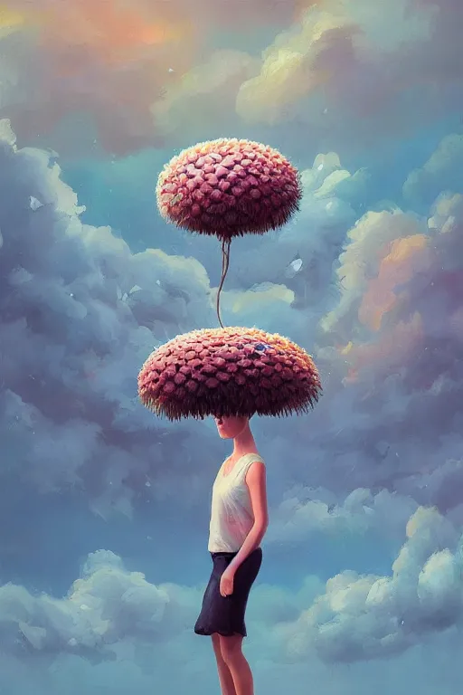 Prompt: closeup, giant daisy flower head, a girl between monsteras, surreal photography, wind and cold, dramatic sky, impressionist painting, digital painting, artstation, simon stalenhag