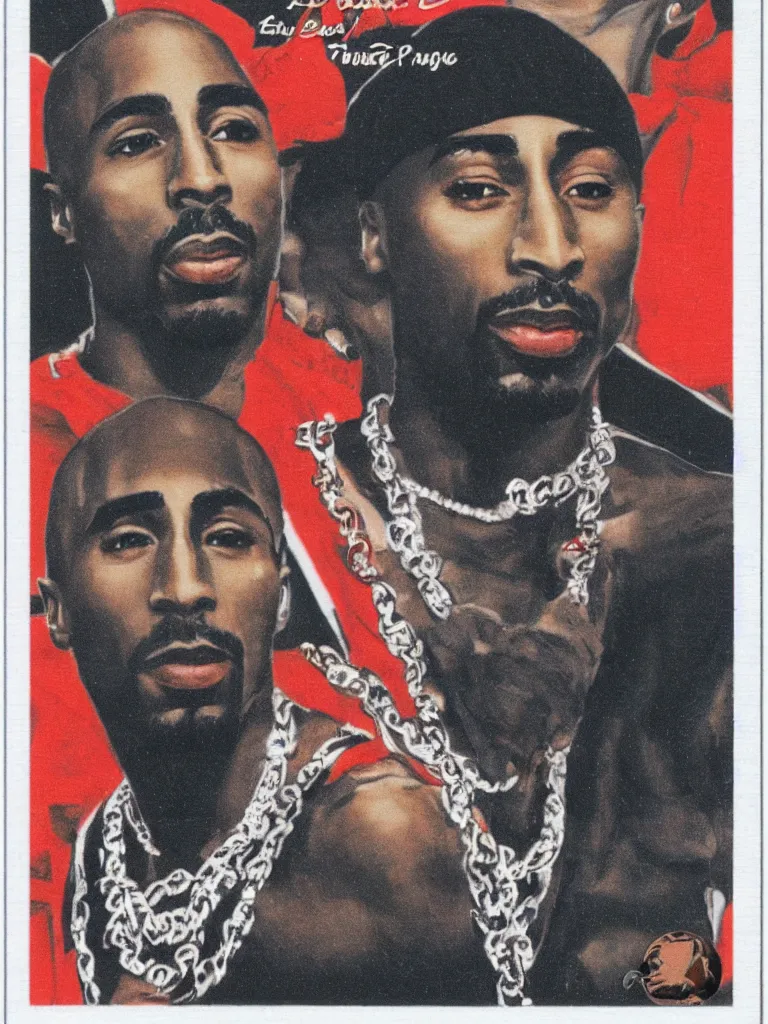 Prompt: portrait of tupac shakur as trading card, with symmetrical attributes, sports trading card