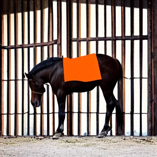 Image similar to horse with orange inmate clothes, in a jail