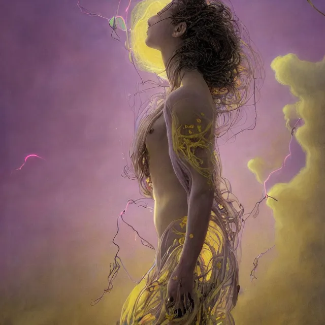 Image similar to A portrait of a woman wearing clothes made out of thunder clouds and flowers, apocalypse, silhouettes floating in the air in the background, yellow skin, Masterpiece, glowing, wires everywhere, by Edgar Maxence and Ross Tran, Zdzisław Beksiński, and Michael Whelan, distant, gustav dore, H.R. Giger, 8k, octane render