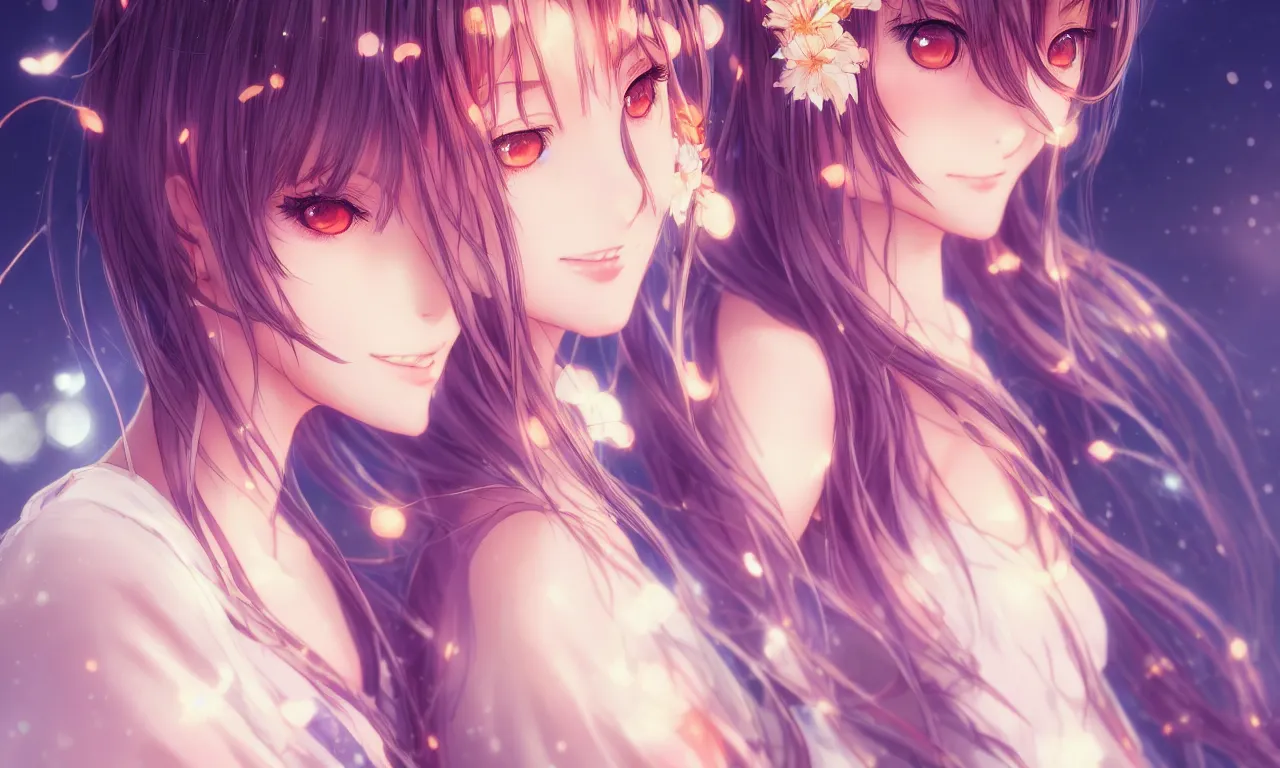 Image similar to portrait three beautiful anime girls wear coctail kimono closeup | | sunny night, full moon, dreamlike art, realistic shaded, smile, good looking, hyper details, 4 k realistic, cryengine, realistic shaded lighting poster by artgerm, ross tran, fuji choko, 8 k resolution, trending on artstation, luxury