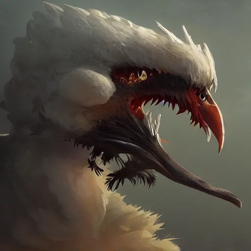 Image similar to digital painting of an elegant but deadly chicogriff, griffin chicogriff hybrid monster, by Greg Rutkowski, trending on artstation, 4k resolution