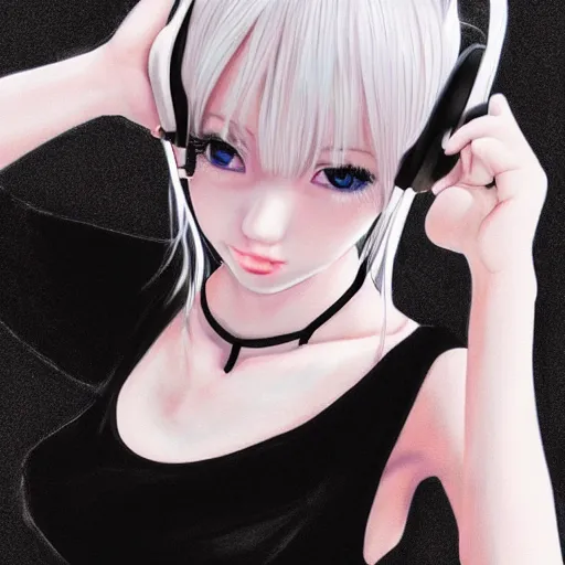 Image similar to realistic teasing detailed semirealism beautiful gorgeous cute Blackpink Lalisa Manoban white hair white cat ears blue eyes, wearing black camisole outfit, headphones, black leather choker full HD 4K high resolution quality WLOP, Aztodio, Taejune Kim, Guweiz, Pixiv, Instagram, Artstation