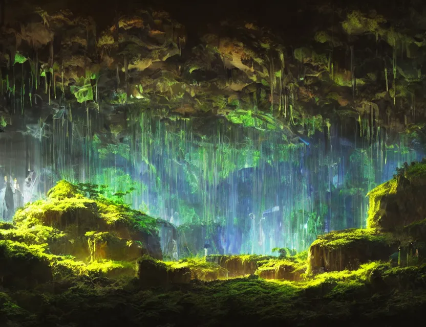 Prompt: futuristic nightclub in a dripstone cave with plants. oil painting by award - winning concept artist. backlighting, chiaroscuro, field of depth.