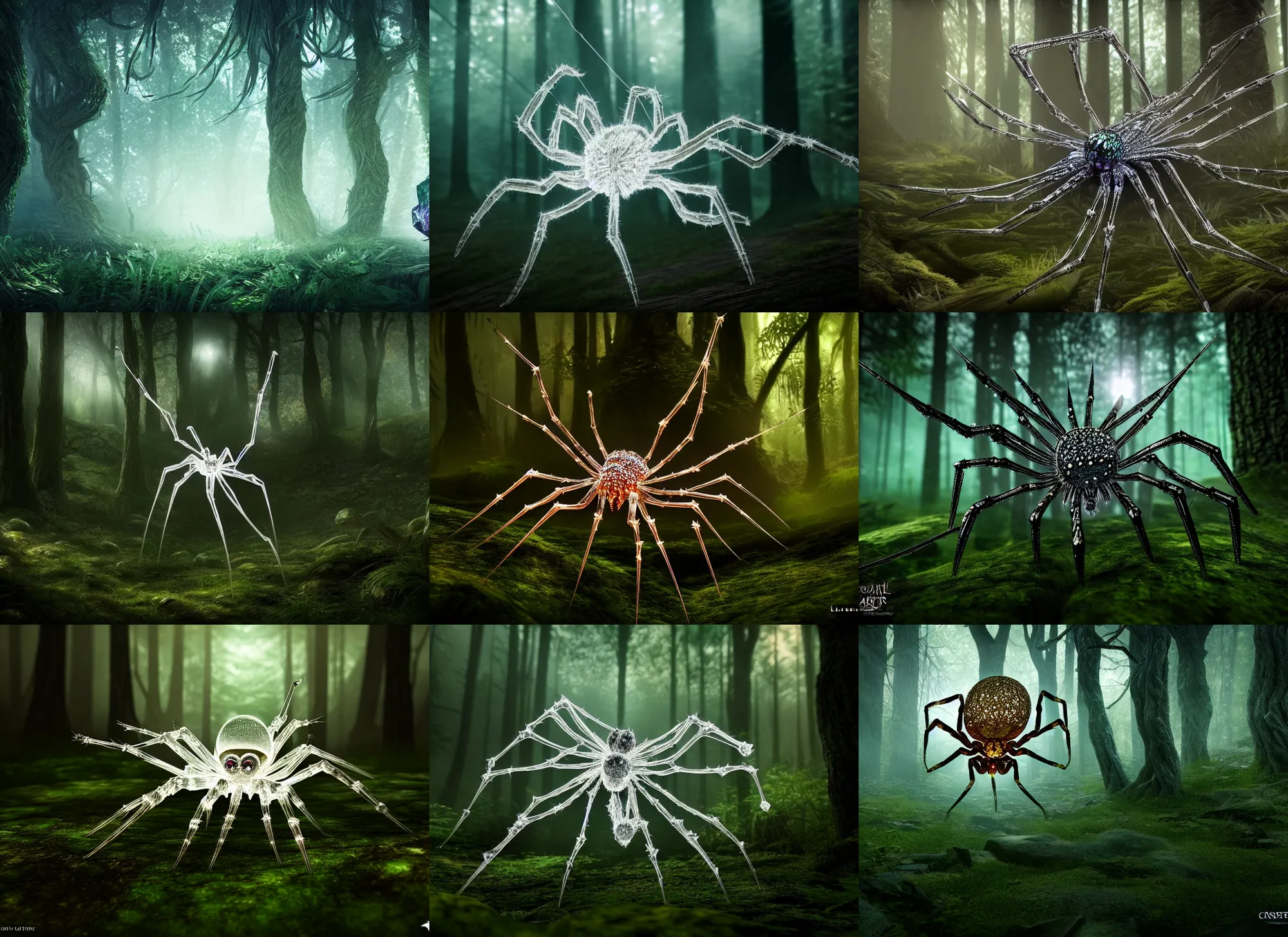 Prompt: crystal spider in a forest. highly detailed 8 k. intricate. lifelike. soft light. fantasy horror style. cinematic post - processing