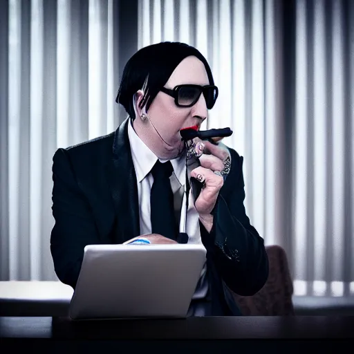 Image similar to Marilyn Manson, wearing office attire, working in a call center, portrait photography, bokeh, depth of field, 4k