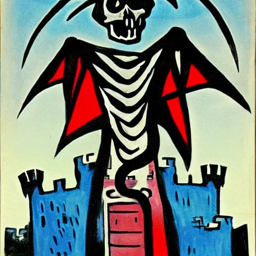 Image similar to A beautiful street art of a horned, red-eyed, skeleton-like creature, with a long black cape, and a staff with a snake wrapped around it, standing in front of a castle atop a cliff. catholicpunk by Arthur Dove