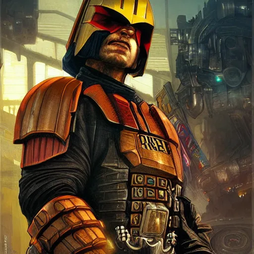 Image similar to Judge Dredd, artists portrait, fantasy, highly detailed, digital painting, concept art, sharp focus, depth of field blur, illustration, art by artgerm and greg rutkowski and alphonse mucha