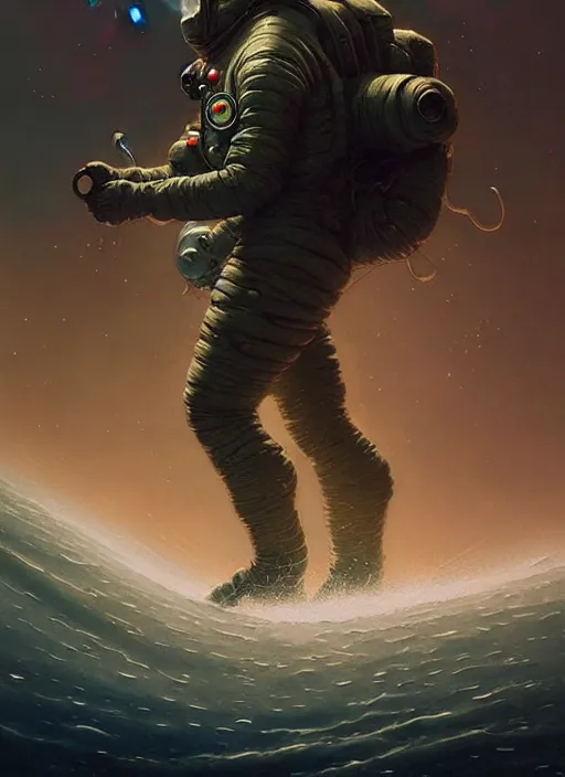 Image similar to close up shot of a full body floating astronaut portrait water elemental, james gurney, peter mohrbacher, mike mignola, exquisite detail perfect, hyper detailed,, black background, trending on artstation, by jordan grimmer, huge scene, art greg rutkowski