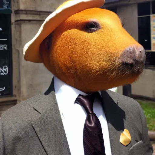 Image similar to smoking cigar, a man wearing a suit capybara head wearing a hat (smoking cigar)