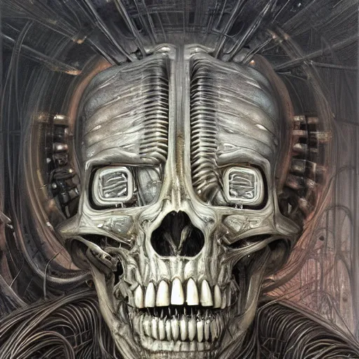 Image similar to surreal portrait of a man by Greg Rutkowski and H.R Giger, a biomechanical skull from whose sockets a red light emanates, between human and alien, connected by pipes and cables, terrifying, disturbing, cosmic void background, frightening, fascinating, highly detailed portrait, digital painting, book cover, artstation, concept art, smooth, sharp foccus ilustration, Artstation HQ.