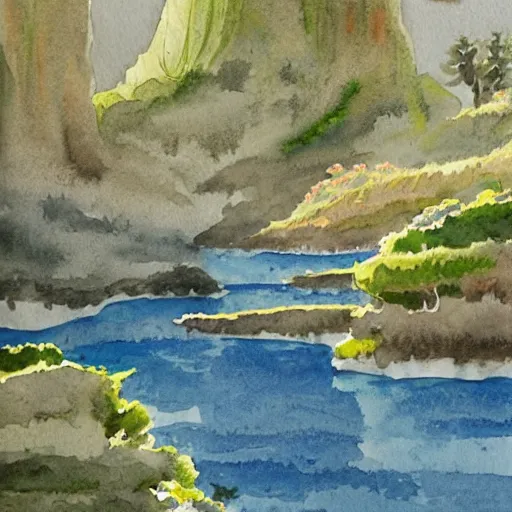 Image similar to detailed watercolor of a lush natural scene on an alien planet by stephen quiller. beautiful landscape. weird vegetation. cliffs and water.